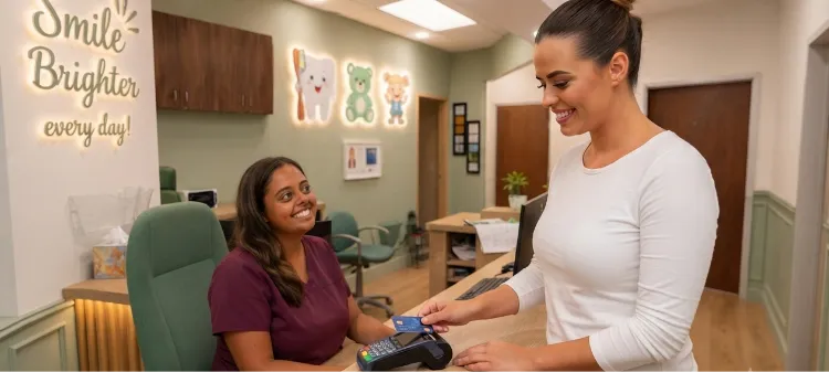 Woman checking in for her child's dental appointment